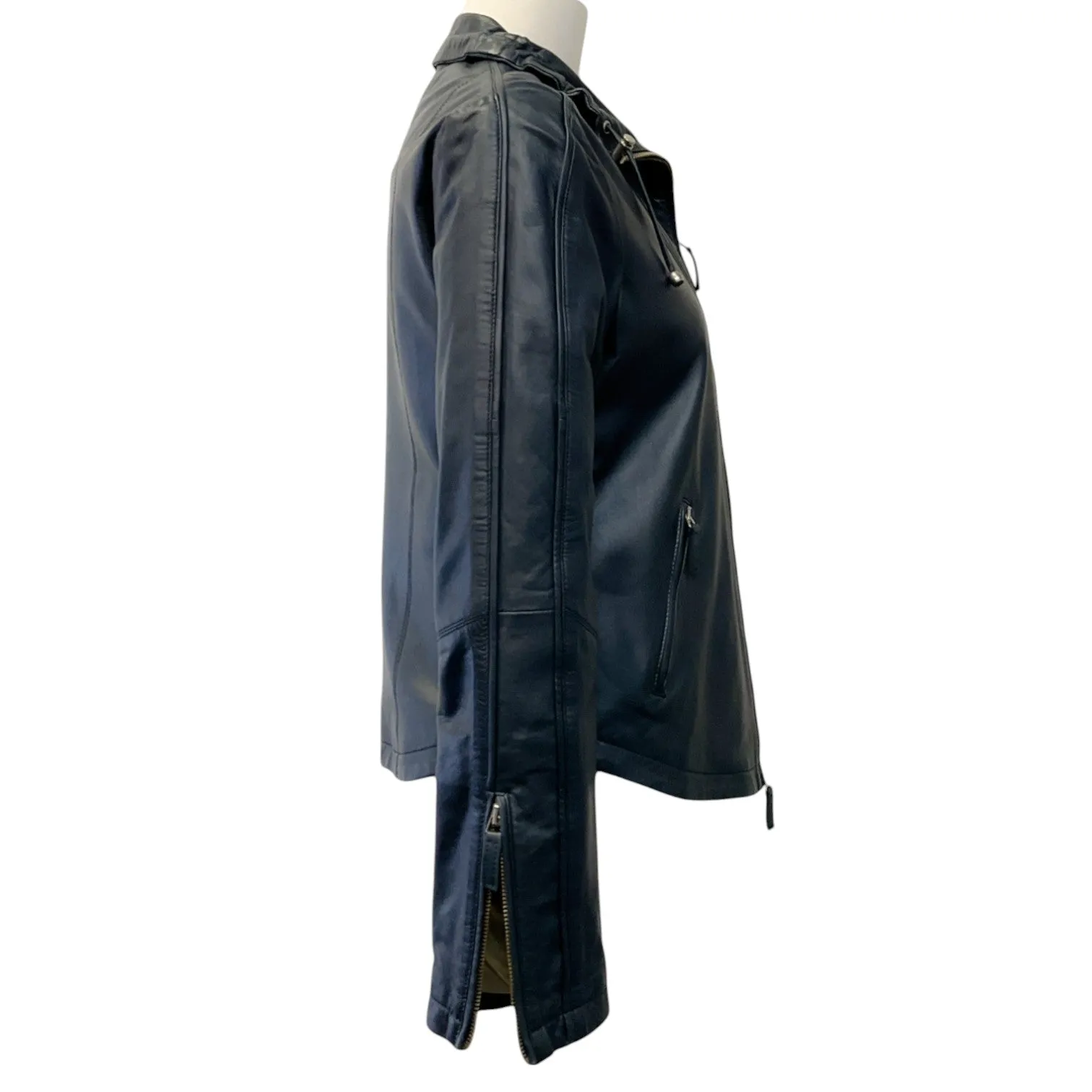 Armani Collezioni Navy Leather Zip Front Hooded Jacket
