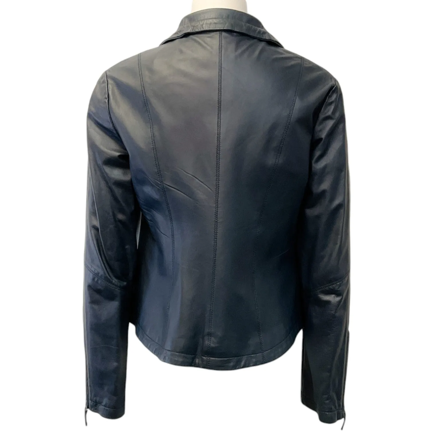 Armani Collezioni Navy Leather Zip Front Hooded Jacket