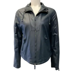 Armani Collezioni Navy Leather Zip Front Hooded Jacket