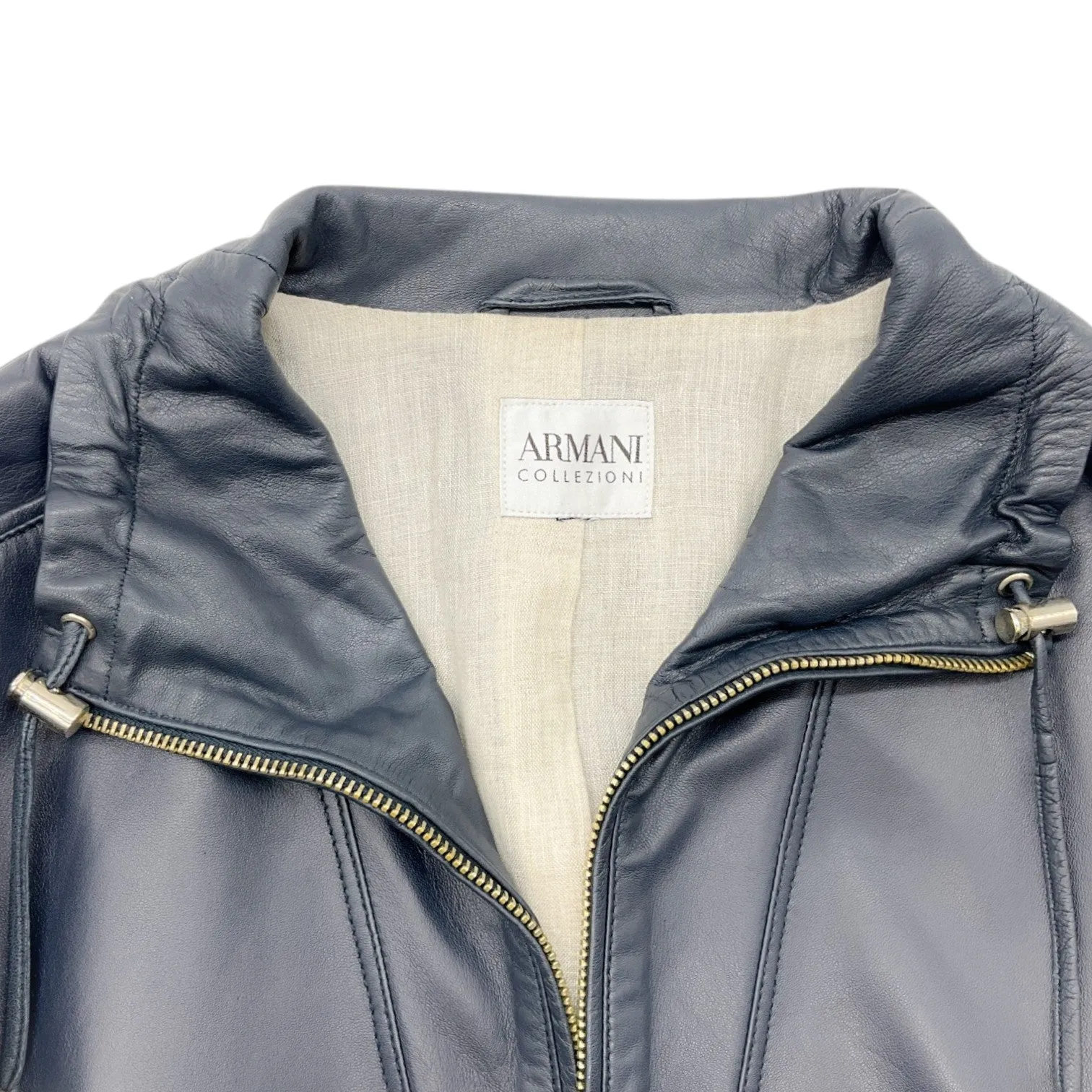 Armani Collezioni Navy Leather Zip Front Hooded Jacket