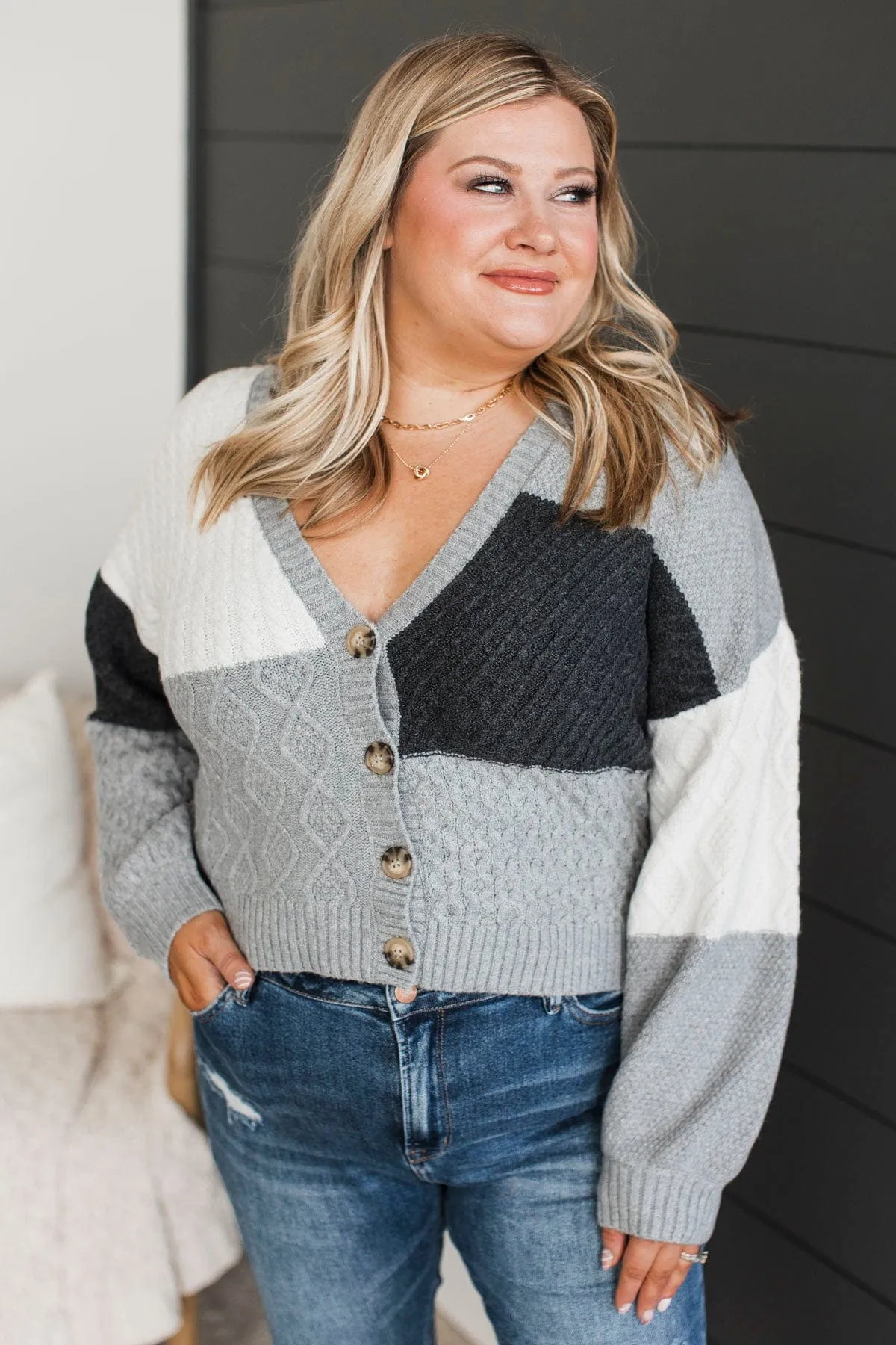 At Your Best Knit Button Cardigan- Grey Multi