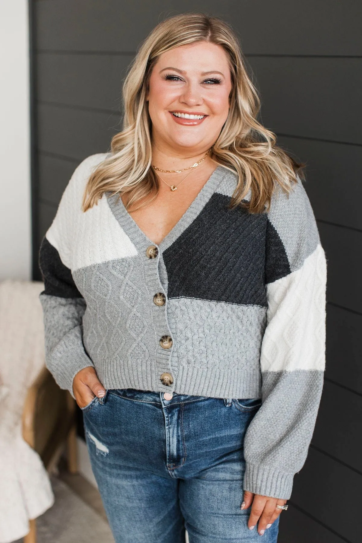 At Your Best Knit Button Cardigan- Grey Multi