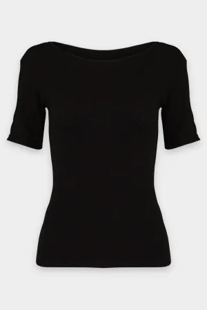 Baby Rib Short Sleeve Open Neck in Black