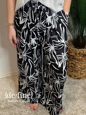 Black and White Floral Wide Leg Pants
