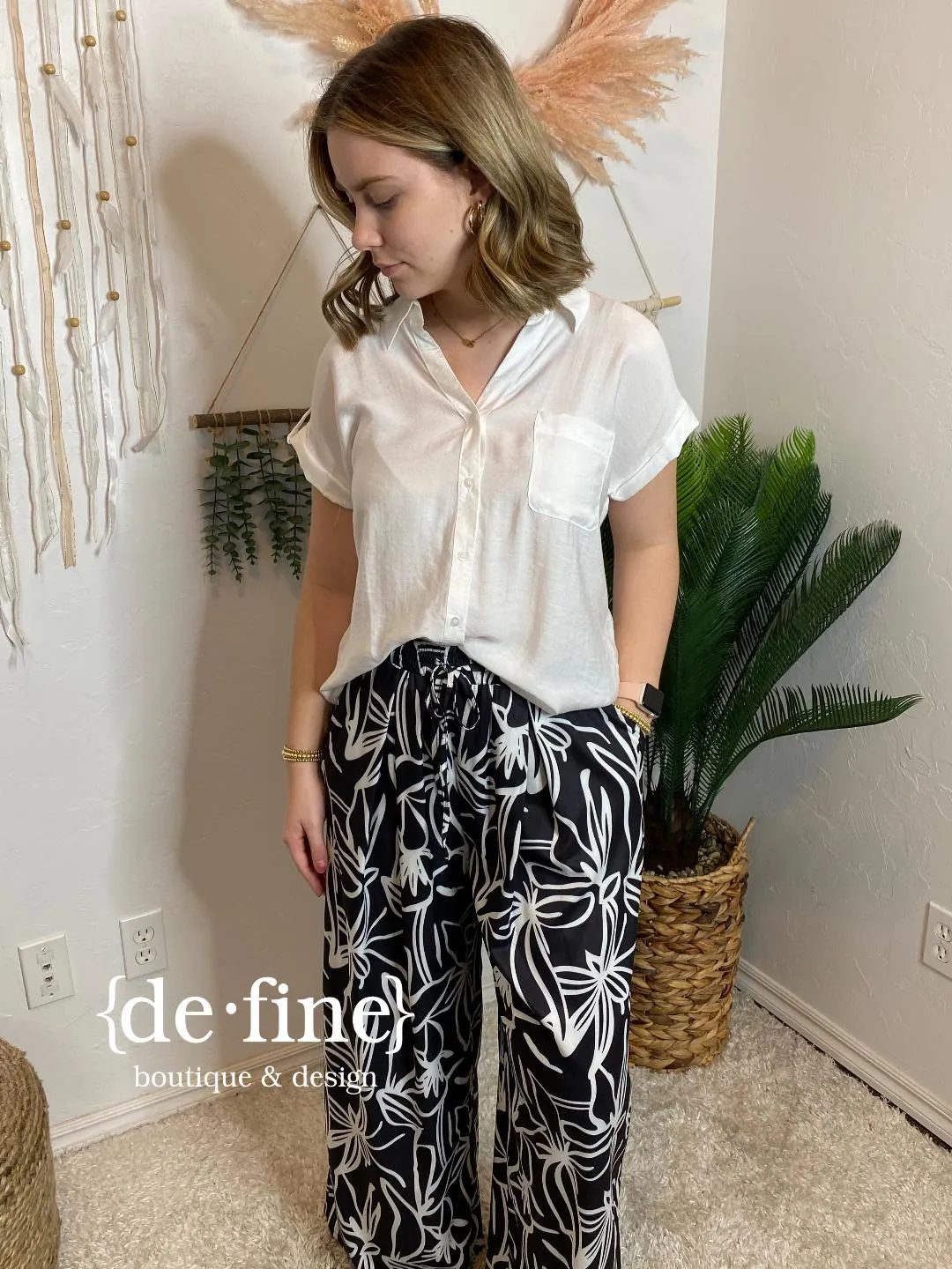 Black and White Floral Wide Leg Pants