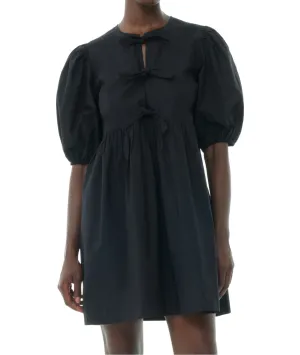 Black Cotton Poplin Tie String Mini Dress