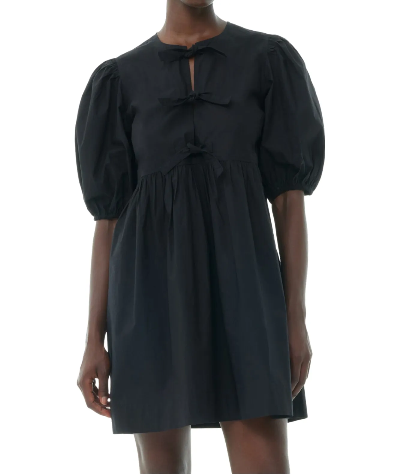 Black Cotton Poplin Tie String Mini Dress