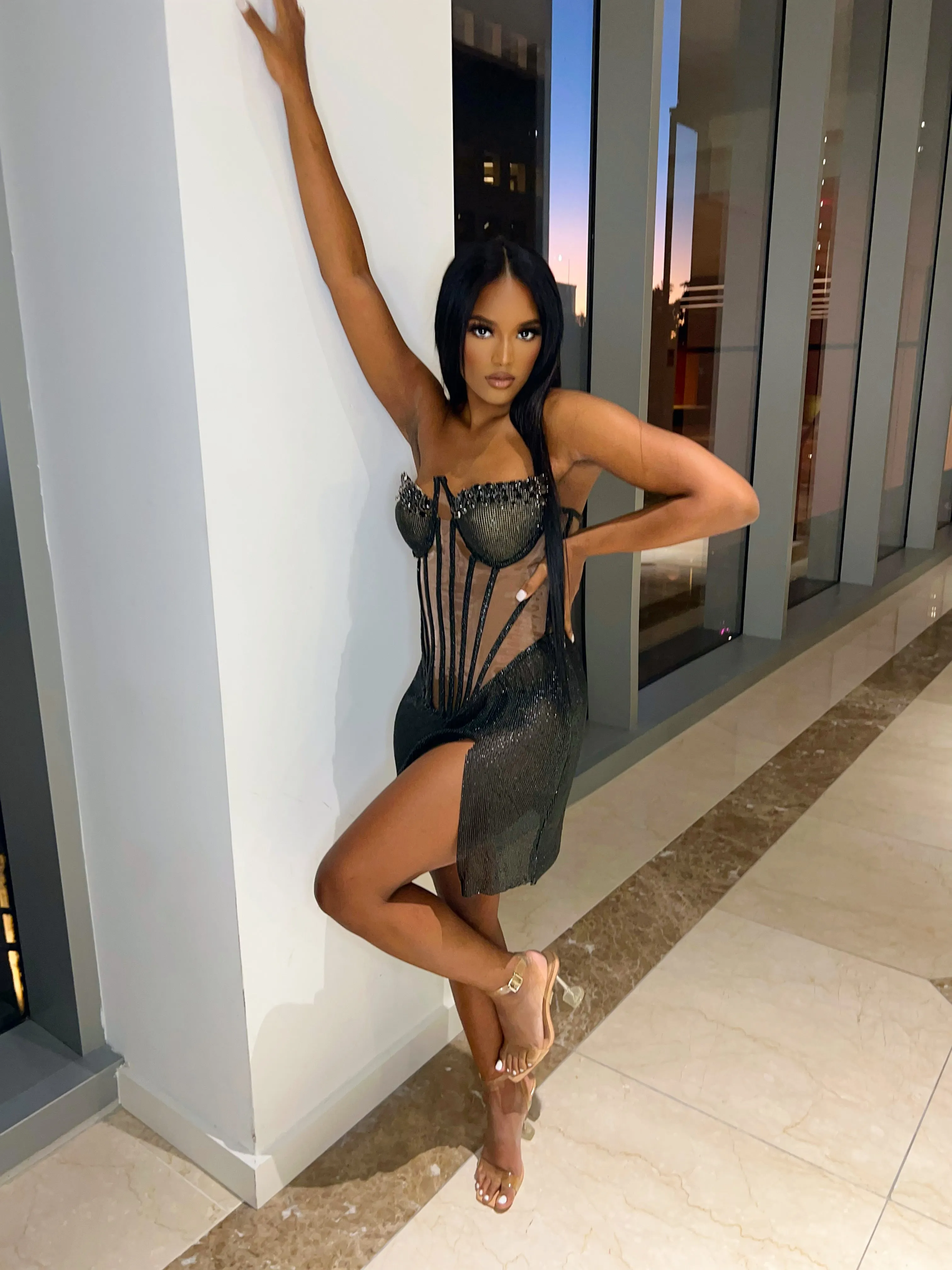 Black Rhinestone Corset Mini Dress w/ Clear Crystal Detail