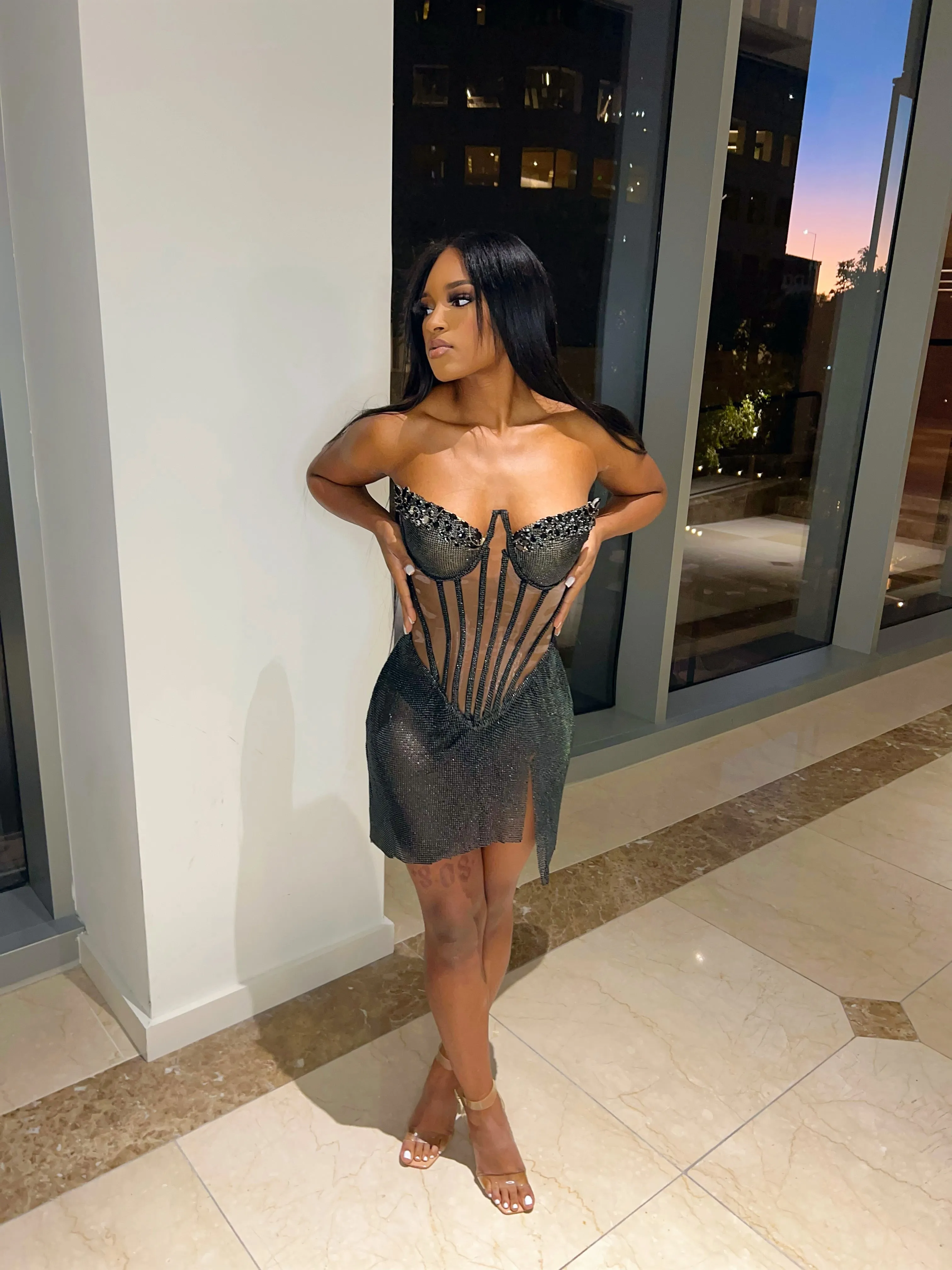 Black Rhinestone Corset Mini Dress w/ Clear Crystal Detail