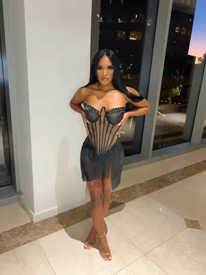 Black Rhinestone Corset Mini Dress w/ Clear Crystal Detail