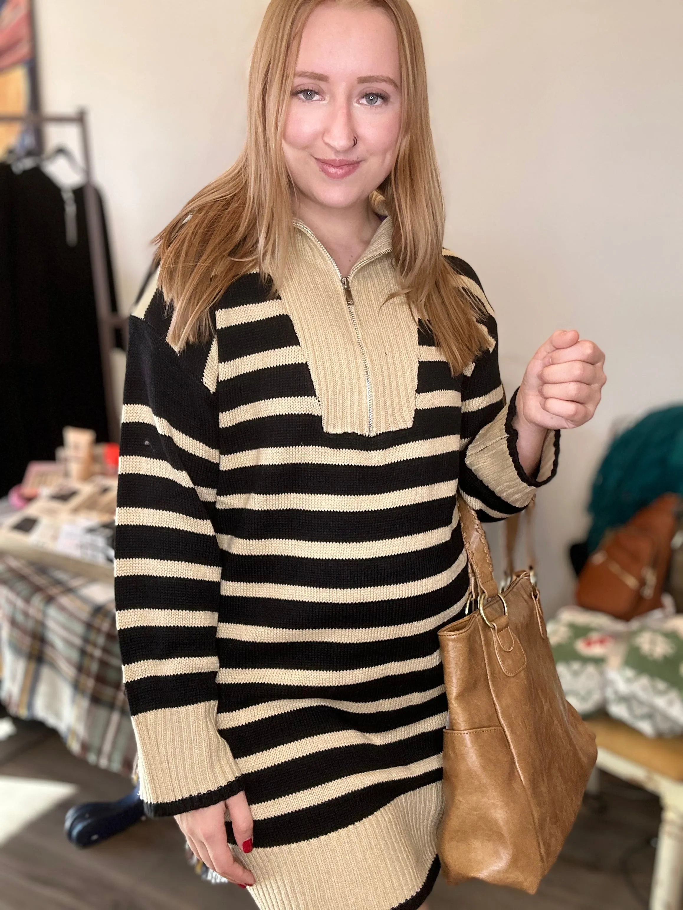 Black Stripe Half Zip Mini Sweater Dress