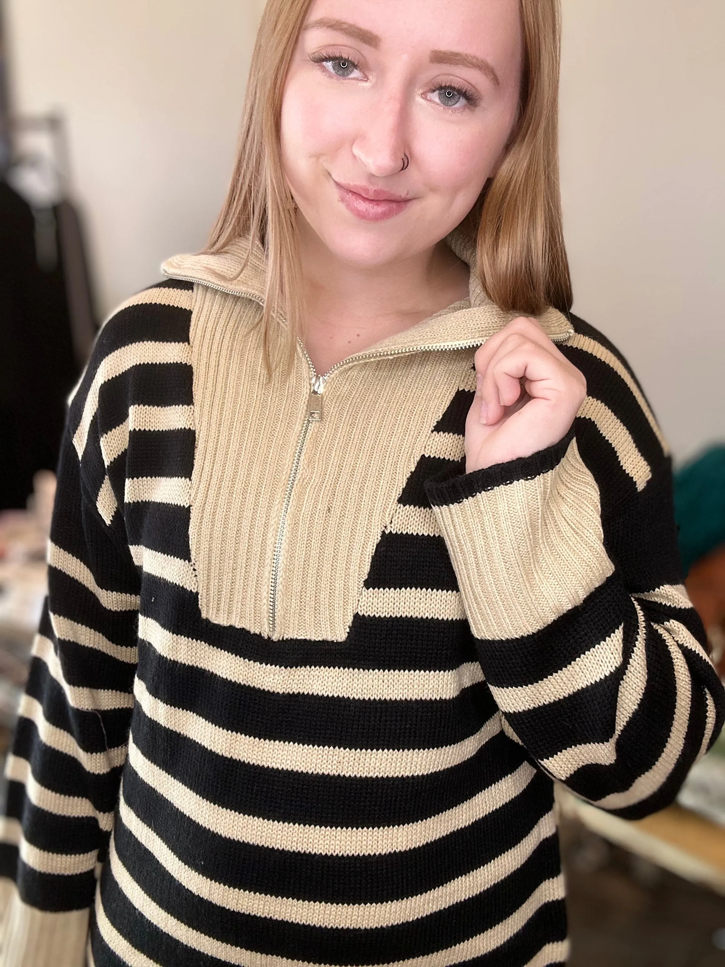 Black Stripe Half Zip Mini Sweater Dress