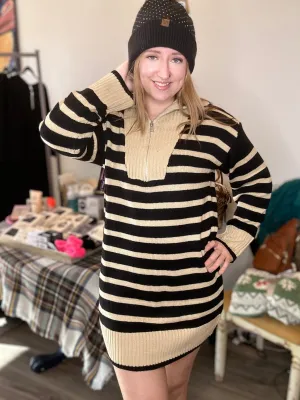 Black Stripe Half Zip Mini Sweater Dress