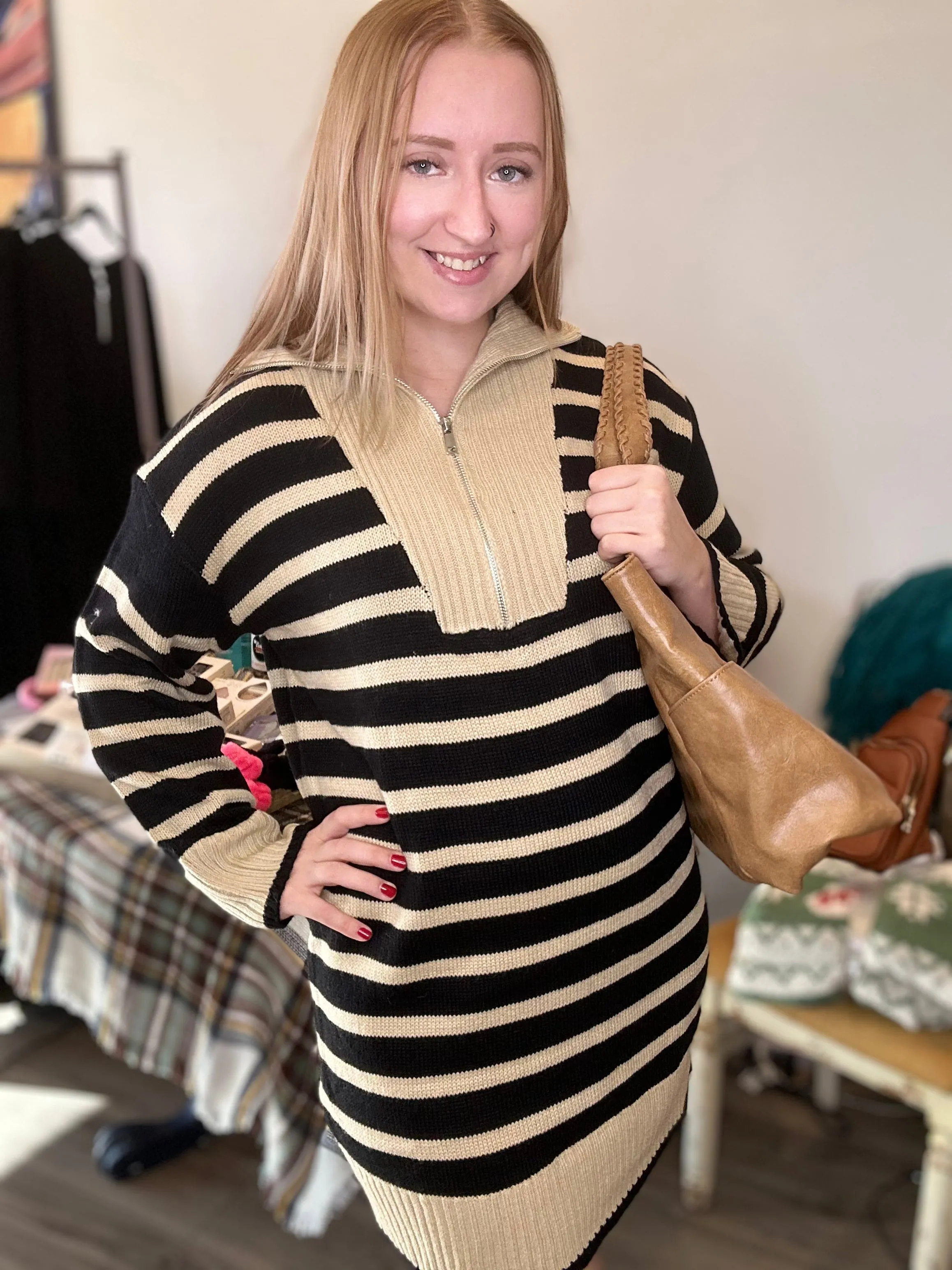 Black Stripe Half Zip Mini Sweater Dress