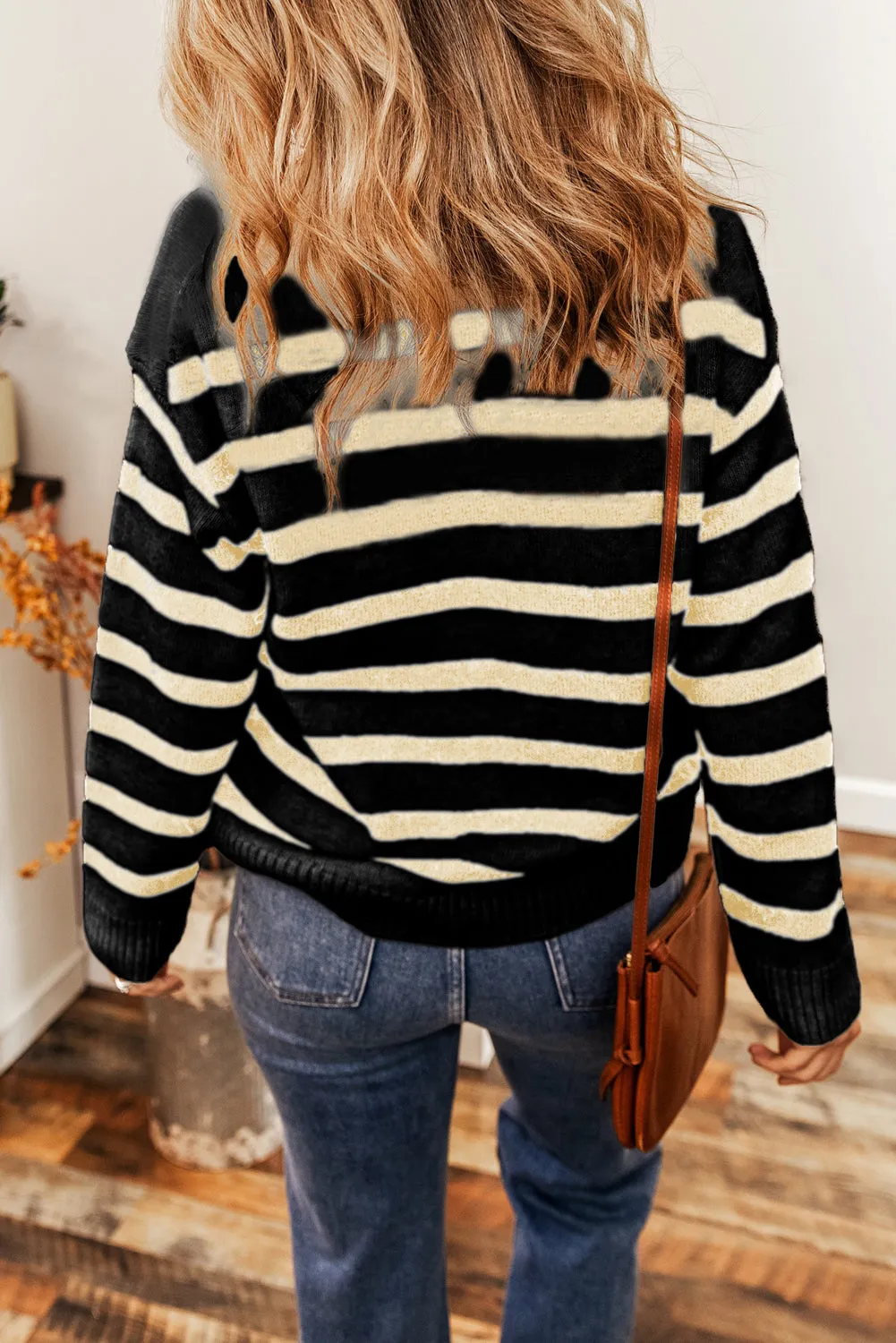 Black Striped Knit Drop Shoulder Collared V Neck Sweater