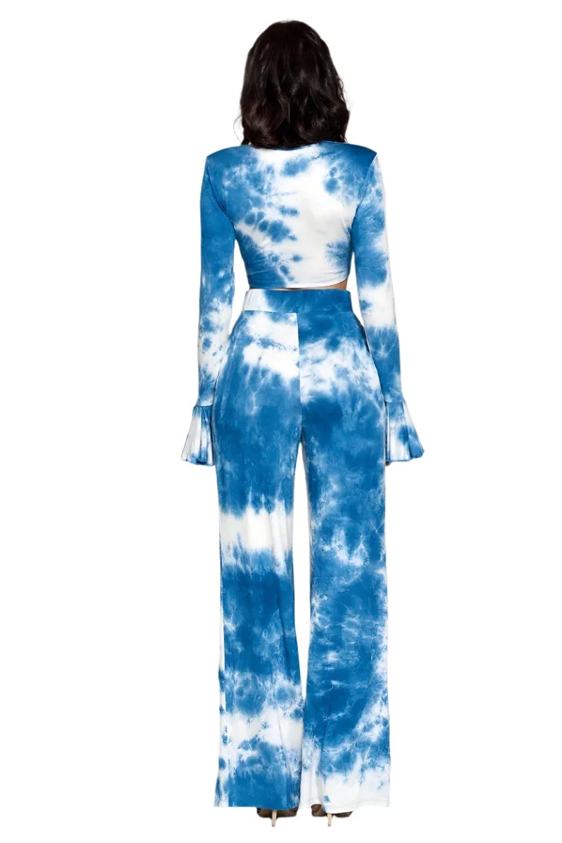 Blue Tie Dye Front Tie Top And Wide Leg Pants Set, Medium