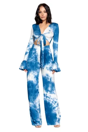 Blue Tie Dye Front Tie Top And Wide Leg Pants Set, Medium