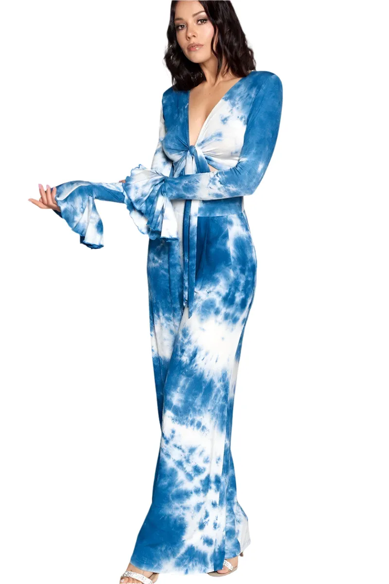 Blue Tie Dye Front Tie Top And Wide Leg Pants Set, Medium