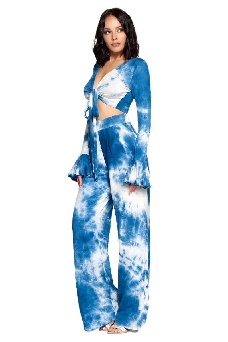Blue Tie Dye Front Tie Top And Wide Leg Pants Set, Medium