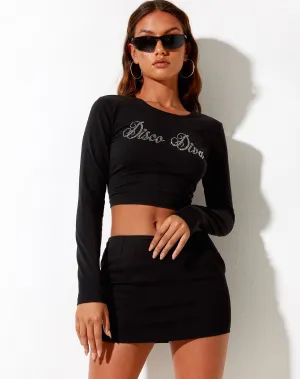 Bonnie Long Sleeve Crop Top in Black Disco Diva Hotfix