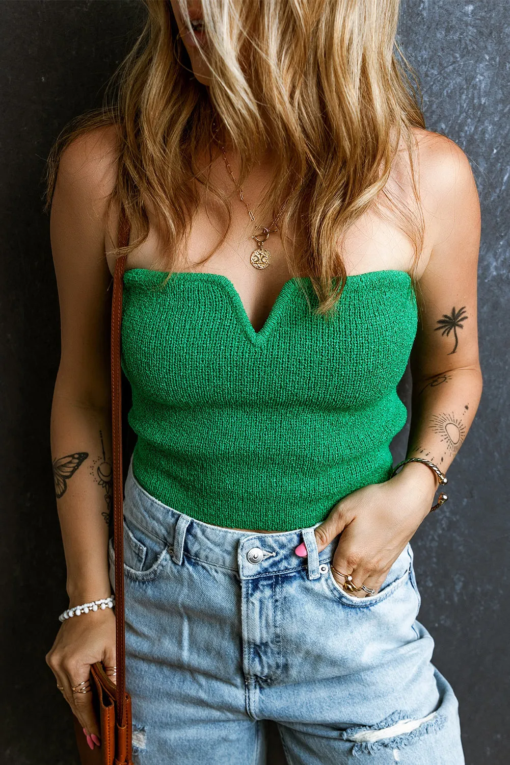 Bright Green Notched Detail Knit Cropped Tube Top