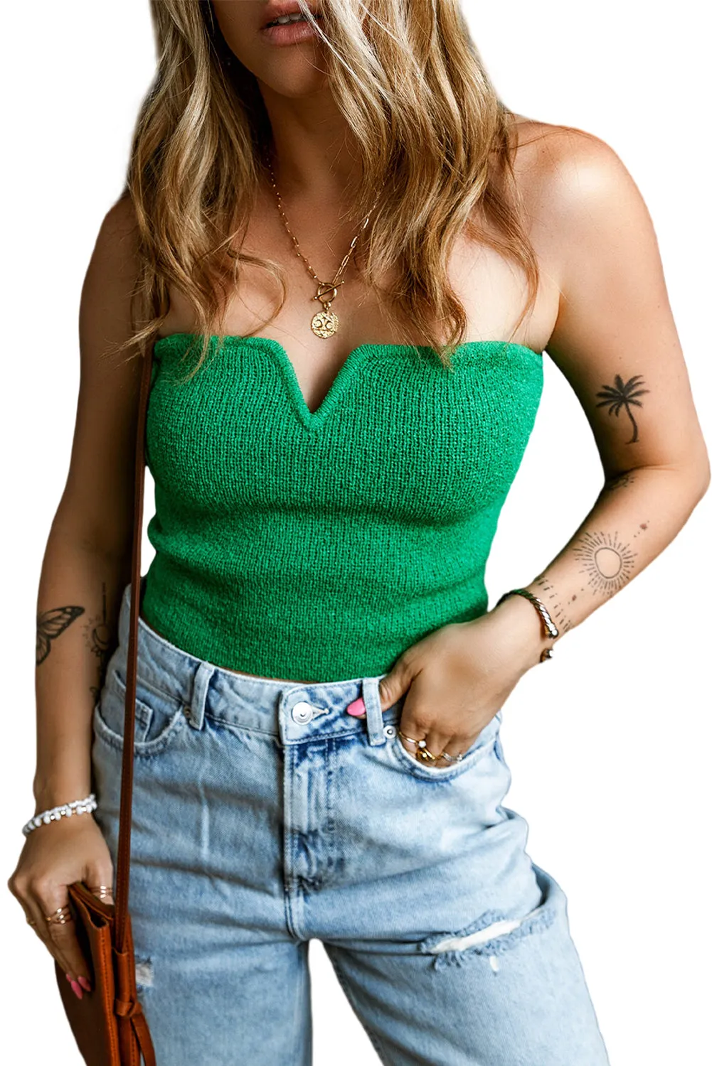 Bright Green Notched Detail Knit Cropped Tube Top