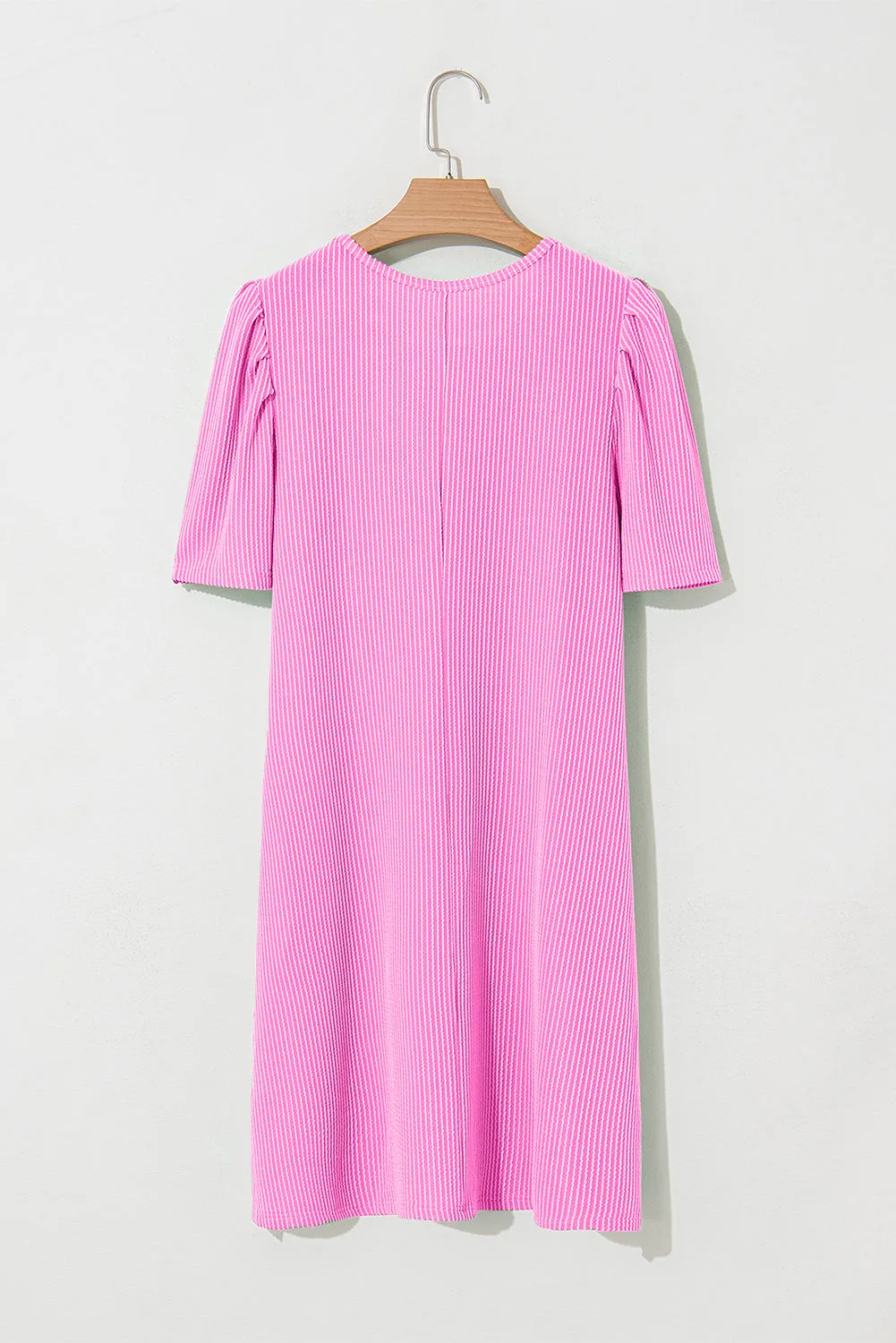 Bright Pink Corded Knit Crew Neck Puff Sleeve Shift Mini Dress