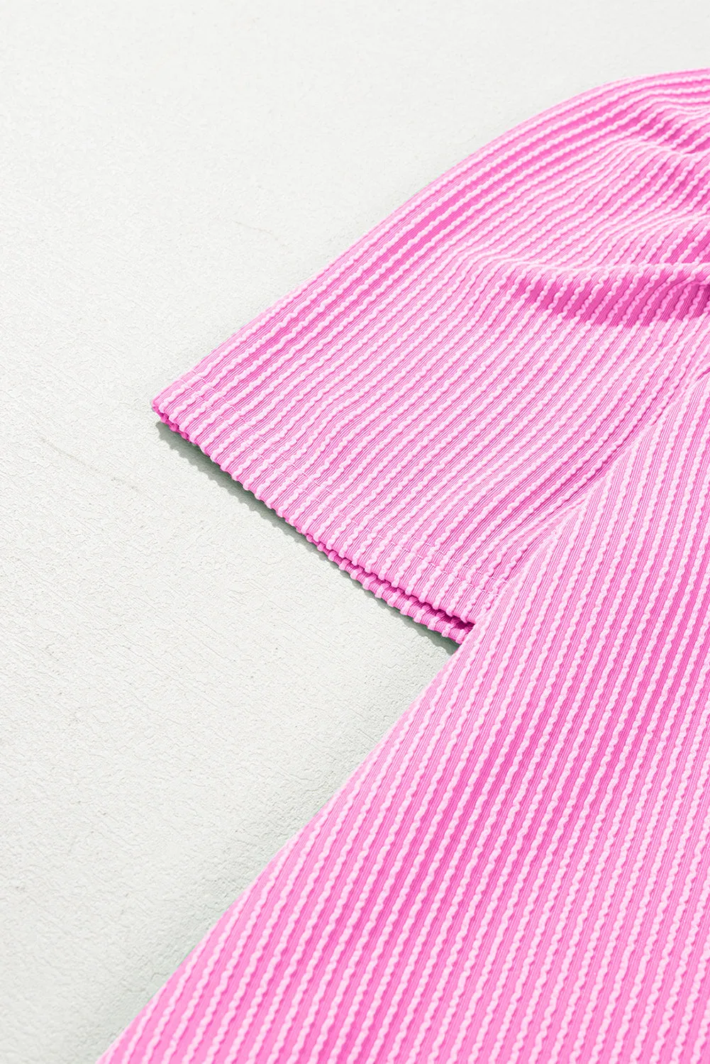 Bright Pink Corded Knit Crew Neck Puff Sleeve Shift Mini Dress