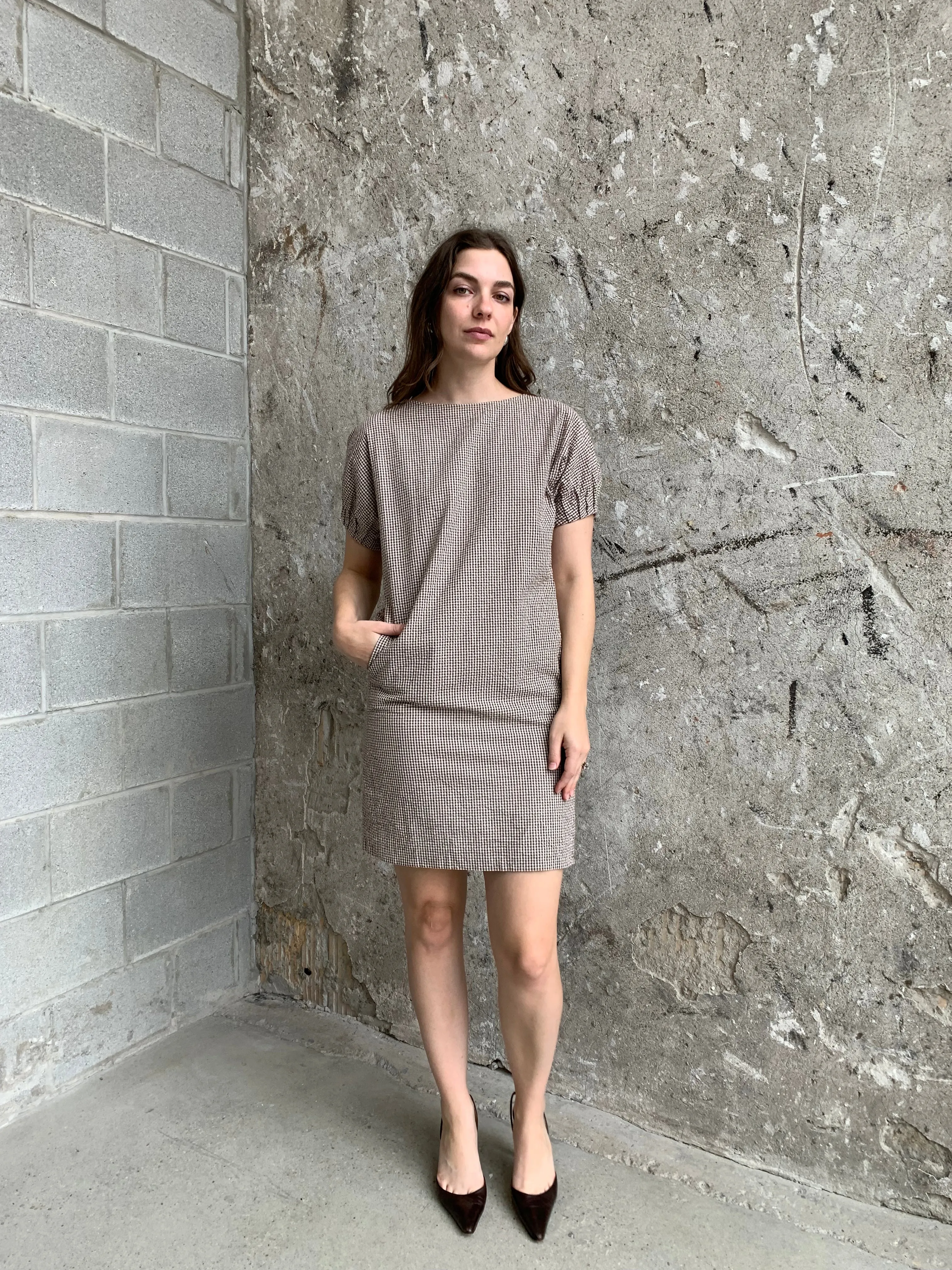 brown gingham mini dress
