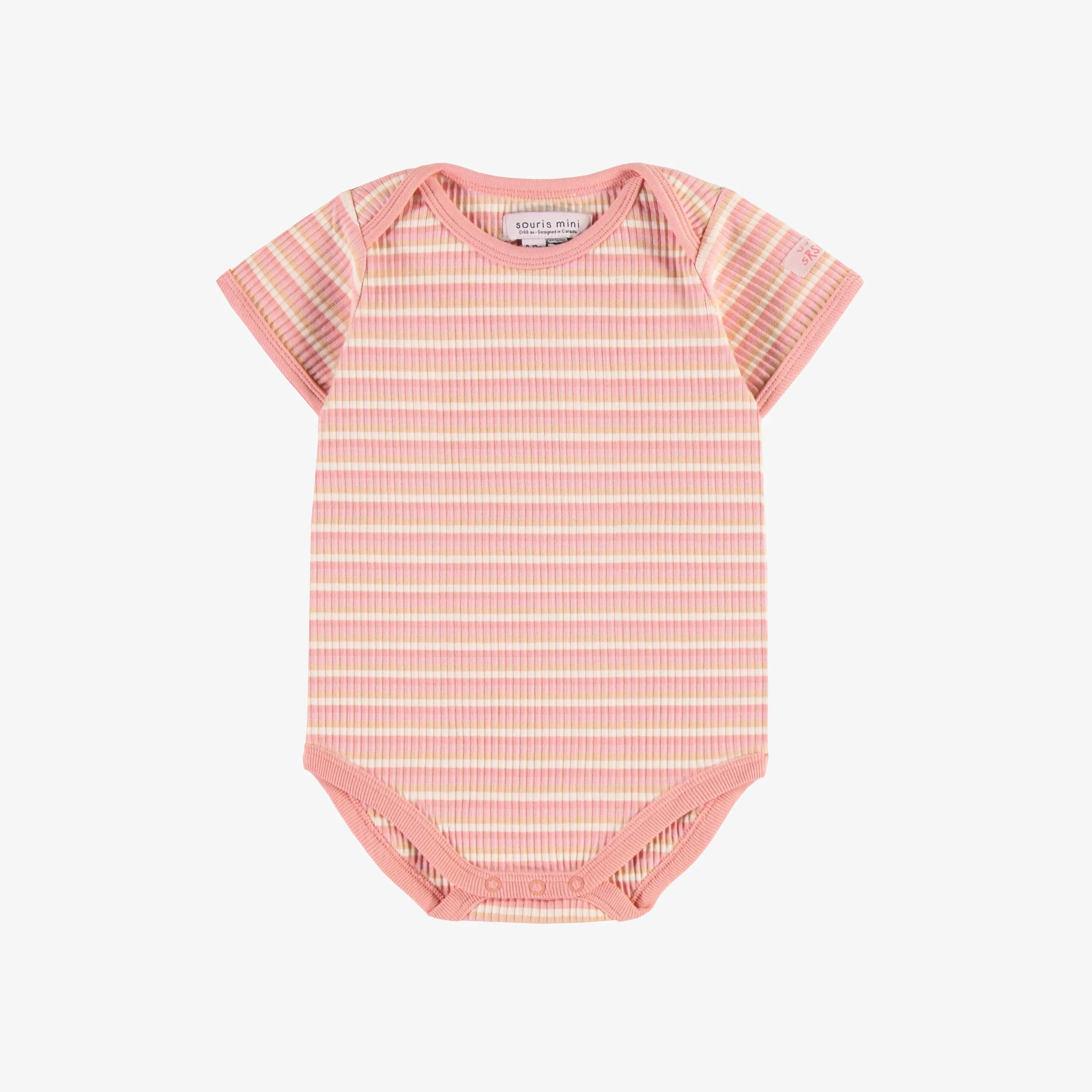 Cache-couche à manches courtes rayé pêche, rose et crème en tricot côtelé, bébé || Peach, pink and cream striped rib-knit bodysuit with short sleeves, baby