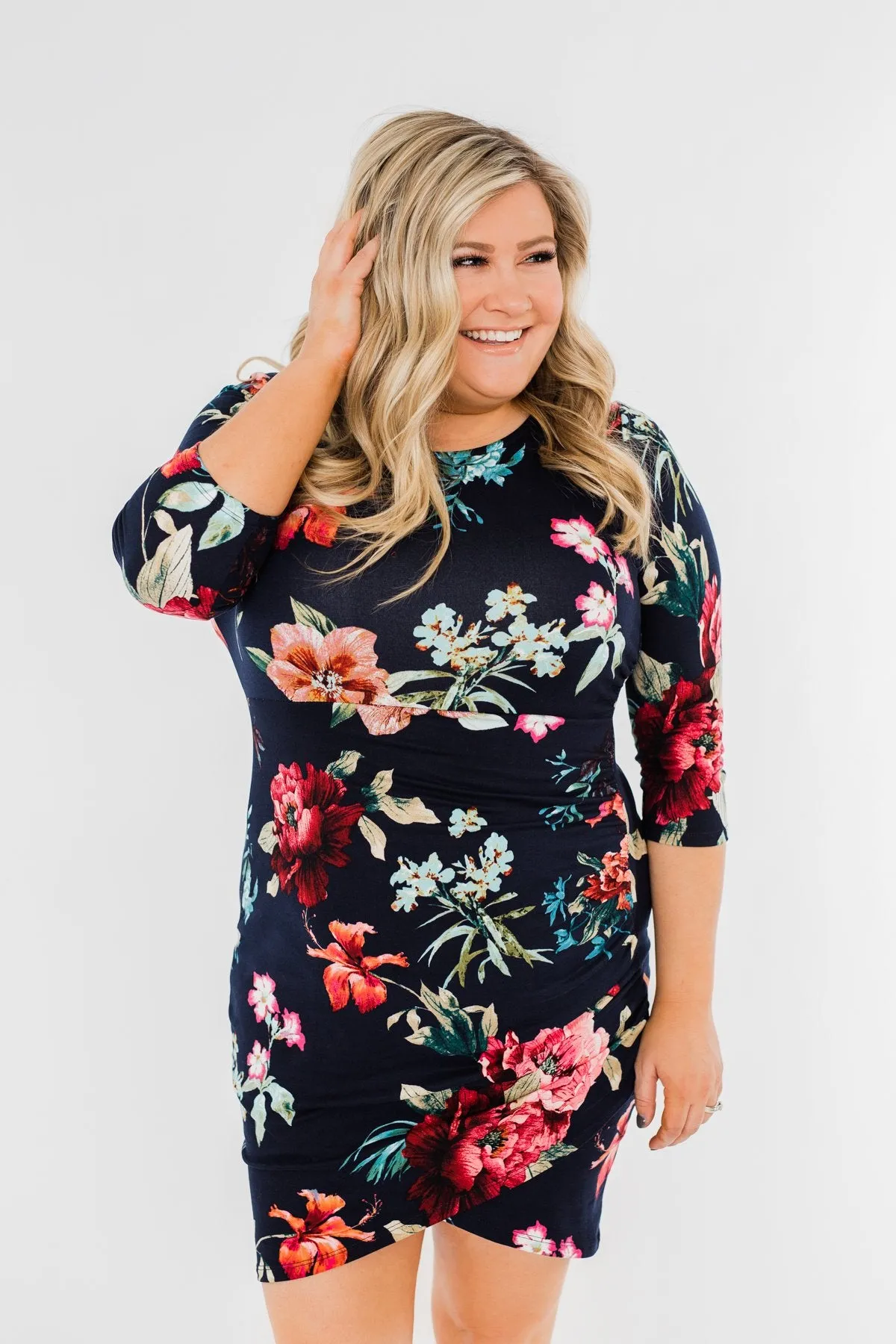 Captivating In Floral Dress- Navy