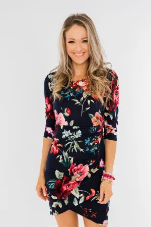 Captivating In Floral Dress- Navy