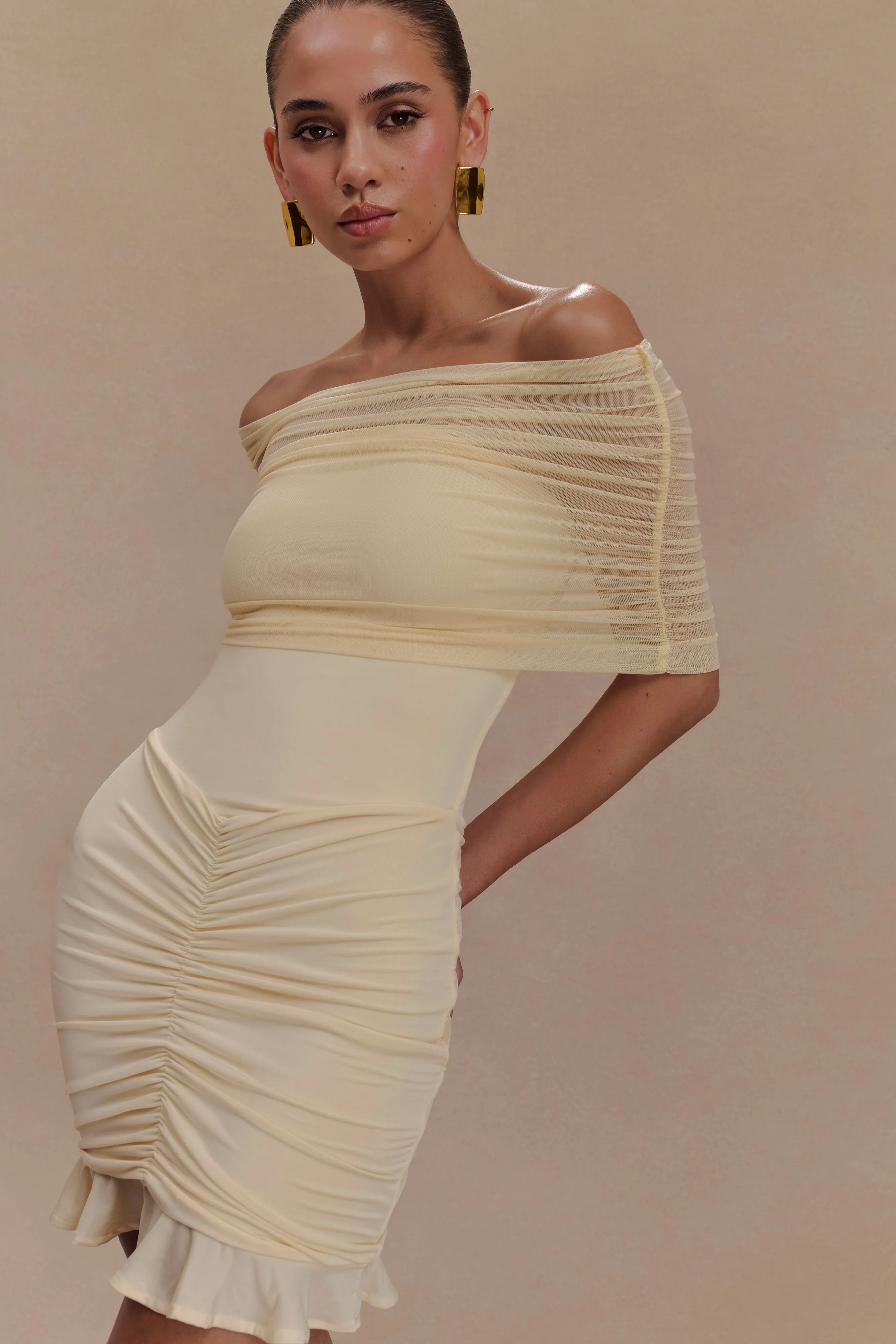 Caspian Slinky And Mesh Off Shoulder Mini Dress - Ivory