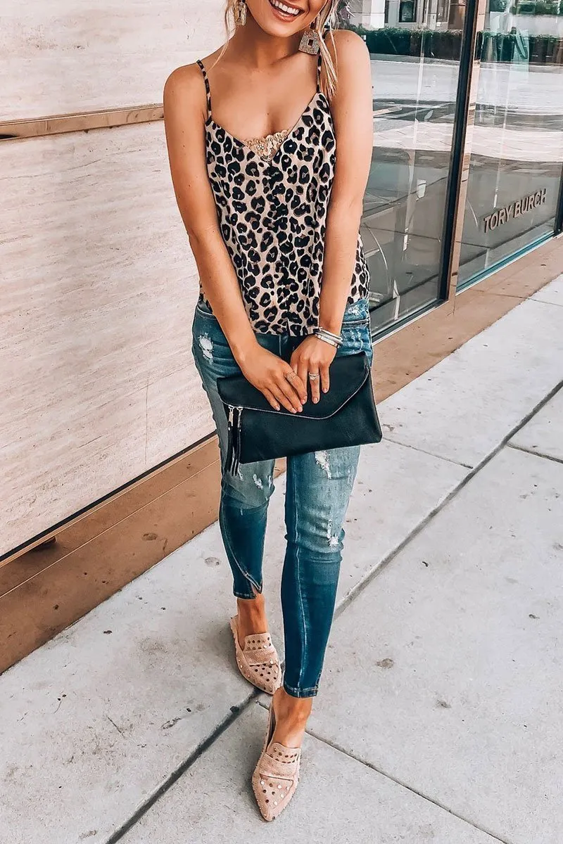 Chicindress V Neck Leopard Printed Brown Tank Top