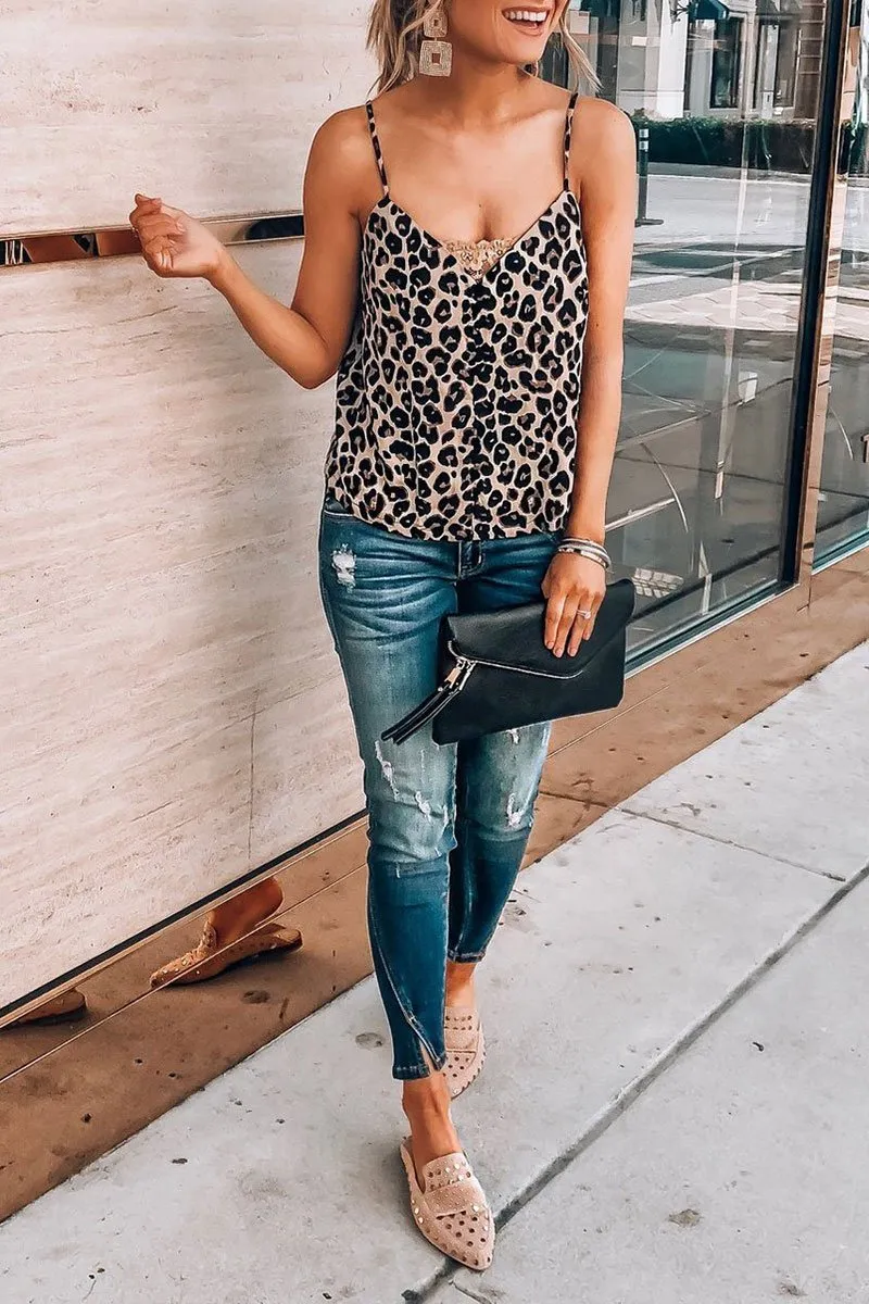 Chicindress V Neck Leopard Printed Brown Tank Top