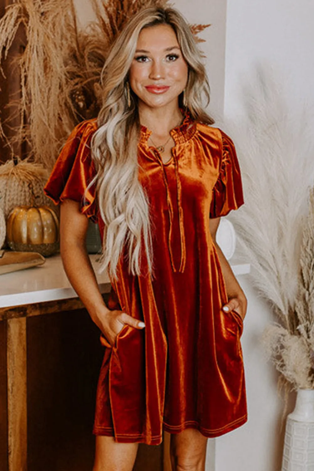 Cinnamon Velvet Smocked Neckline Puff Sleeve Shift Mini Dress