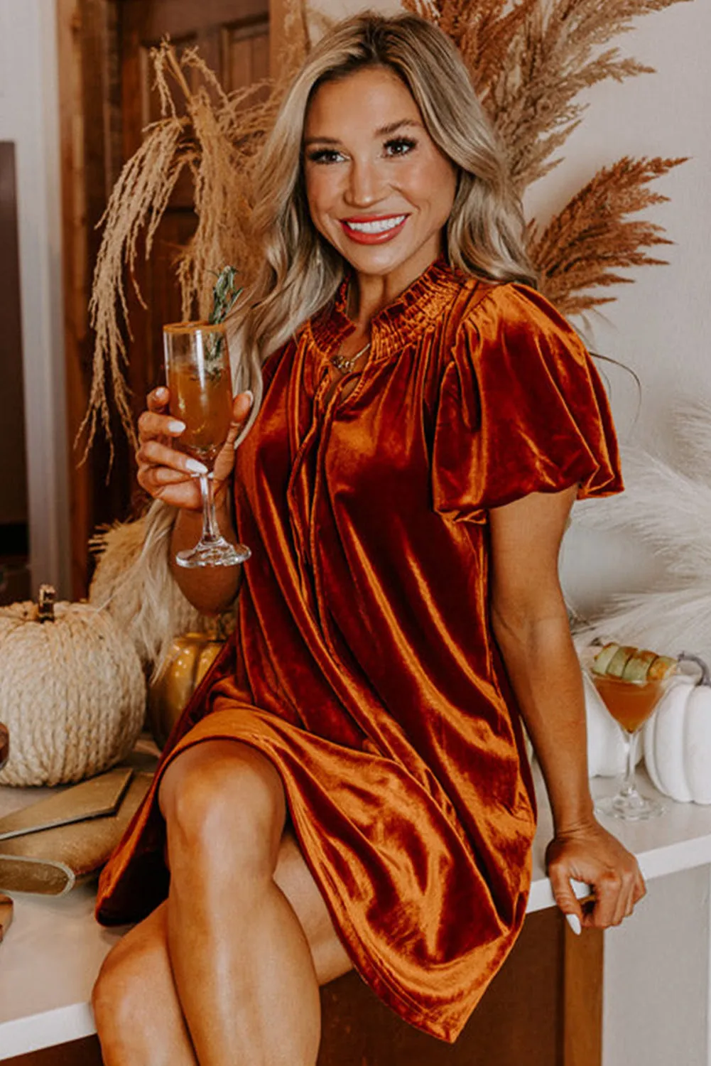 Cinnamon Velvet Smocked Neckline Puff Sleeve Shift Mini Dress