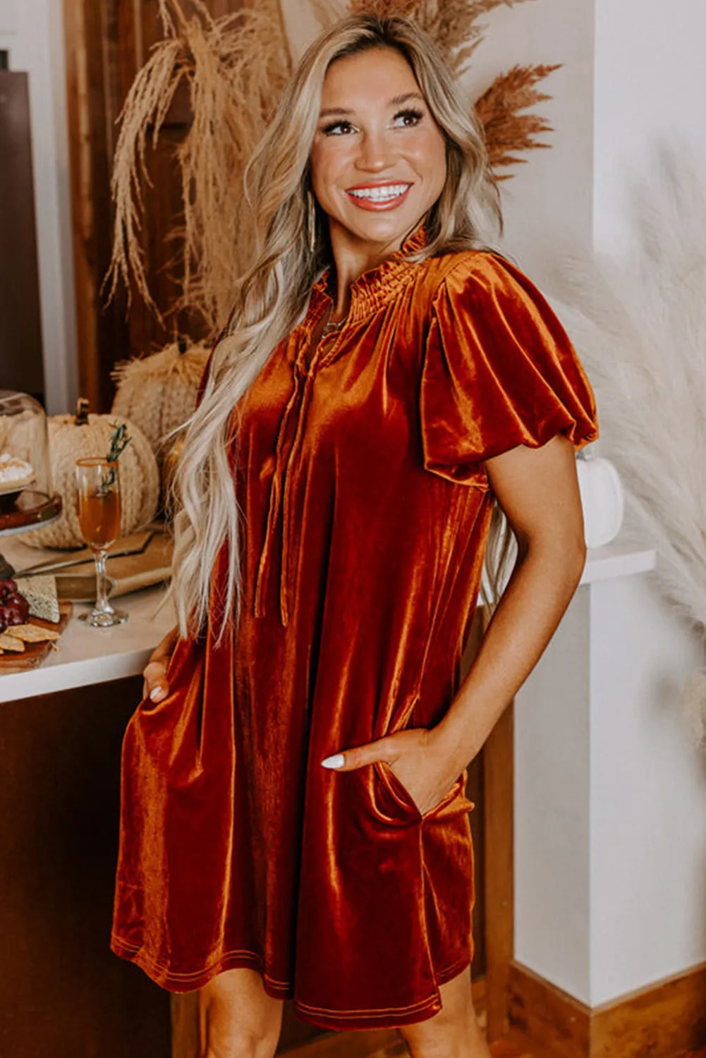 Cinnamon Velvet Smocked Neckline Puff Sleeve Shift Mini Dress