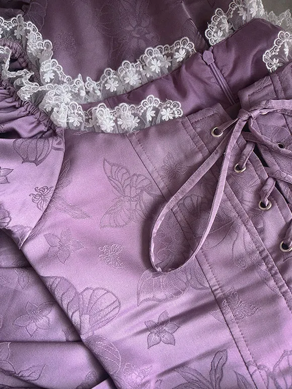 Classical Lolita Dress Polyester Short Sleeves Jacquard Lolita Dresses Classic Purple