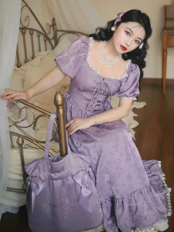 Classical Lolita Dress Polyester Short Sleeves Jacquard Lolita Dresses Classic Purple