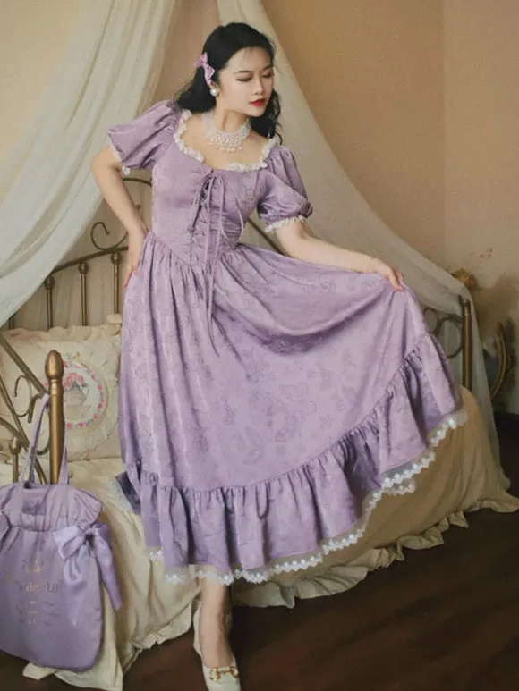Classical Lolita Dress Polyester Short Sleeves Jacquard Lolita Dresses Classic Purple
