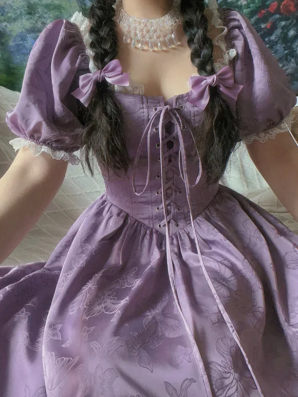 Classical Lolita Dress Polyester Short Sleeves Jacquard Lolita Dresses Classic Purple