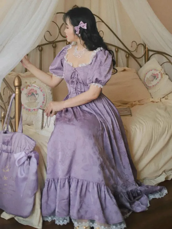 Classical Lolita Dress Polyester Short Sleeves Jacquard Lolita Dresses Classic Purple