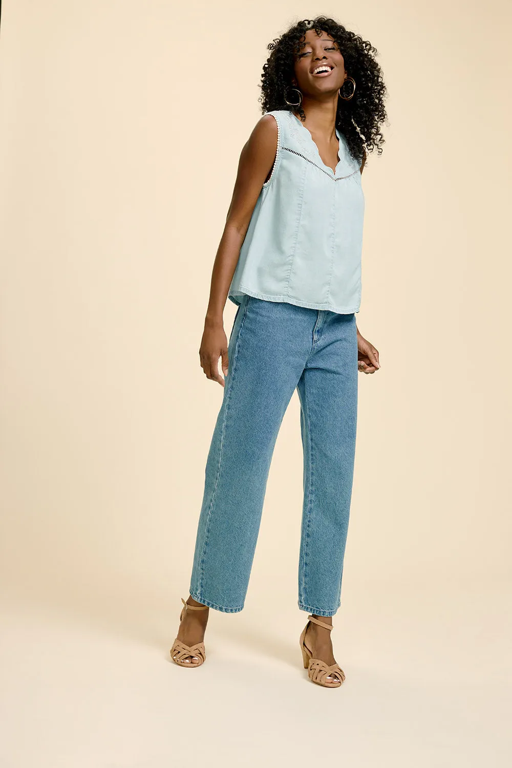 CLOVIS - Top chambray avec broderie