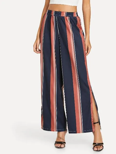 Colorful Striped Split Nine-point Pants Wide Leg Pants