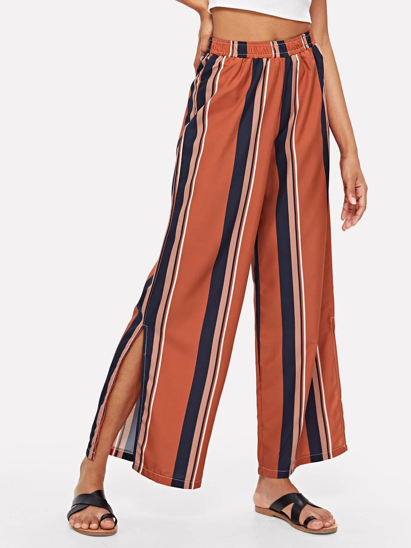 Colorful Striped Split Nine-point Pants Wide Leg Pants