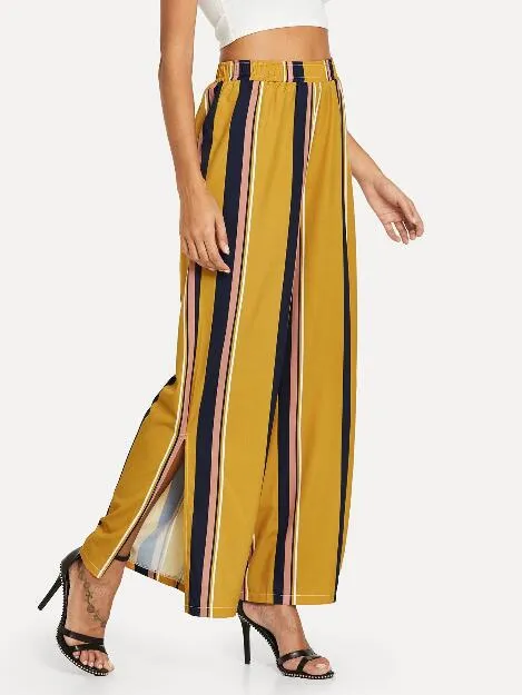 Colorful Striped Split Nine-point Pants Wide Leg Pants