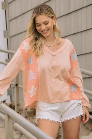 Coral Star Patch Oversize V Neck Pullover
