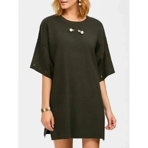 Crew Neck Straight Slouchy Jumper Dress - Blackish Green One Size