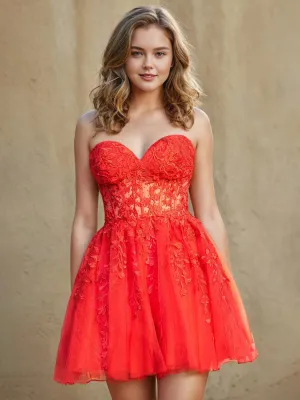 Cute Sweetheart Red Lace Bodice Mini Tulle Homecoming Dresses